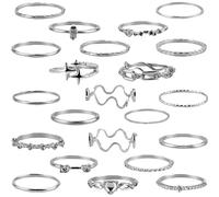GWAWG Silver Ring Set for Women, 22 Pcs Stackable Adjustable Rings, Vintage Chic Silver Plated Ring Set with Stars Hearts, Fashion Jewellery for Parties, Daily, Y2K Style