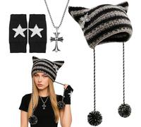 GWAWG Stripes Grunge Beanie,Fingerless Star Printed Gloves,Fox Cat Ear Goth Crochet Knitted Hats for Women,Y2K Accessories