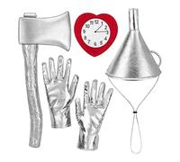 GWAWG Tin Man Costume,5PCS Axe Costume Silver Axe Funnel Hat Silvery Gloves Heart Brooch For Halloween Fancy Cosplay Party