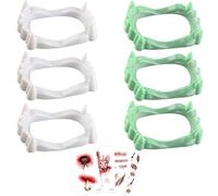 GWAWG Vampire Teeth for Kids Adults, 6 Pcs Halloween Fake Teeth Set with 4 Scary Tattoo Stickers (Glow in Dark + White Fangs), for Halloween Party,Fancy Dress