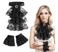 GWAWG Victorian Lace Jabot with 2 Cuffs Set, Gothic Steampunk Vampire Costume Accessory for Carnival Halloween Cosplay Theme Parties (Black)