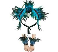 GWAWG Women Natural Feather Cape with Wrist Cuffs Wristband Maleficent Costume Gothic Lacing Shawl Shrug Collar Feather Cape for Halloween Cosplay Christmas Party (Blue)