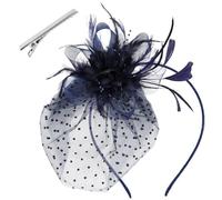 GWAWG Women's Fascinator Hat with Navy Blue Veil Feathers Flowers Retro Fascinators Hat Flowers Mesh Headband Clip Headdress for Party Wedding Prom Cocktail Carnival