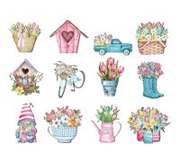 GWAWG Wooden Spring Decoration, Hanging Ornaments with Tulips, Gnomes, Umbrellas, Décor for Branches, Windows, Doors, Gardens, Easter, Mother's Day Summer Garden Décor 12pcs