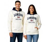 GWCC LE129 Unisex London England Applique Embroidery Crossover Hooded Sweatshirt Hoodie Off White Navy Colour XS to 4XL (UK, Alpha, M, Regular, Regular, Off White)