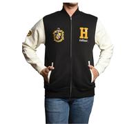 GWCC Licensed Unisex Harry Potter Hufflepuff Varsity Jacket, Terry Towel Embroidery, Baseball Zipped Jacket, Black/Off White, Size XS to 2XL (UK, Alpha, XL, Regular, Regular, Black/Off White)