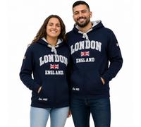 GWCC London England Unisex Zip Hoodie Navy | Premium Applique Embroidered Hooded Sweatshirt with Union Jack Pin Badge XS-4XL