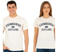 GWCC Unisex Edinburgh Scotland Applique Lettering with Scottish Flag in Centre t-Shirt, 5 Colours, XS to 4XL with Scottish Flag Metal pin Badge (UK, Alpha, M, Regular, Regular, Off White)