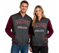 GWCC Unisex London England Varsity Baseball Jacket - Charcoal & Maroon | Embroidered London England & Union Jack Patch | Casual Jacket for Men & Women (XL)