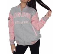 GWCC Unisex London England Varsity Baseball Jacket - Grey & Baby Pink | Embroidered London England & Union Jack Patch | Casual Bomber Jacket for Men & Women (L)