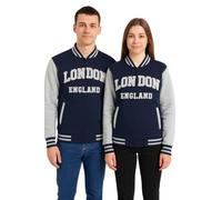 GWCC Unisex London England Varsity Baseball Jacket - Navy & Grey | Embroidered London England & Union Jack Patch | Casual Bomber Jacket for Men & Women (XL)