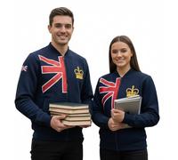 GWCC Unisex Union Jack Baseball Jacket Chain Stitch Embroidery, Royal Crown Gold Emb, XS to 4XL Hoodie Hooded Sweatshirt (UK, Alpha, S, Regular, Regular, Navy Blue)