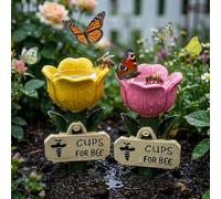 GWCYMYD 2 PCS Bee Watering Station, Resin Flower Shaped Cups for Bees with Stake Base, Colourful Butterfly Pollinator Drinking Feeder for Outdoor Garden Yard Decor(Style 1)