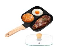 GWCYMYD 3 in 1 Non Stick Divided Frying Pan, Aluminum Alloy Square Divided Pan with Lid and Wooden Handle, 18.5cm Nonstick Breakfast Skillet for Eggs, Bacon, Steaks (Black)