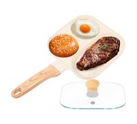 GWCYMYD 3 in 1 Non Stick Divided Frying Pan, Aluminum Alloy Square Divided Pan with Lid and Wooden Handle, 18.5cm Nonstick Breakfast Skillet for Eggs, Bacon, Steaks (Beige)