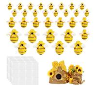 GWCYMYD 32 PCS Resin Bee Figurines, 3 Sizes Mini Bumblebee Craft Embellishments with 48 Adhesive Dots, Yellow Black Fake Insects for DIY Scrapbook Cake Topper Decor
