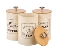 GWCYMYD Tea Coffee Sugar Canisters Set, 3 Pcs Storage Cansiter Jars with Airtight Wooden Lids, 710ml Vintage Kitchen Storage Containers