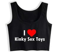 Gwdqone I Love Kinky Toys Printed Crop Top Adult Humor Fun Flirting Tank Tops Hotwife Cotton Naughty Black