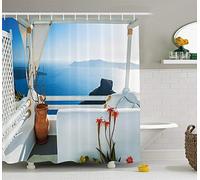 gwegvhvg European Shower Curtain Holiday Terrace with Sea at Sunset Architecture on Santorini Island Greece Fabric Bathroom Decor Set with Hooks 180CM Long Turquoise Blue