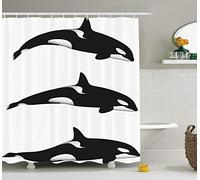 gwegvhvg Fish Shower Curtain Set Sea Animals Decor Three Orca Killer Whales Black and White Pattern Art Print Bathroom Accessories with Hooks 180x180CM White Black