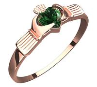 GWG Jewellery 18K Rose Gold Coated Claddagh Ring with Heart Shaped Emerald Green Stone Under Crown - 9 in Gift Box for Women