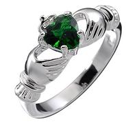 GWG Jewellery 925 Sterling Silver Claddagh Love Ring with Emerald Green Heart Stone, Hands, and Crown - 5 in Gift Box for Women