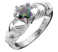 GWG Jewellery 925 Sterling Silver Claddagh Love Ring with Rainbow Topaz Heart Stone, Hands, and Crown - 6 in Gift Box for Women