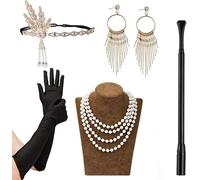 GWHOLE 1920s Accessories for Women,Great Gatsby Accessories with Pearl Necklace, Headband, Earrings,Gloves & Handheld Prop Flapper Set 20s 30s Vintage Costume for Party