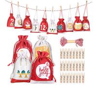GWHOLE 24PCS Advent Calendars Bags for Filling, Reusable Christmas Burlap Gift Bags with Drawstring, Empty Bags DIY Make Your Own Advent Calendars for Xmas Christmas Decorations