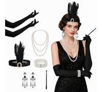 GWHOLE 8 PCS 1920s Accessories for Women,Great Gatsby Accessories | Pearl Necklace, Headband, Earrings & Gloves Flapper Set, 20s 30s Vintage Costume for Party
