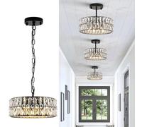 GWJKG Black Crystal Chandelier 6-Lights Crystal Pendant Light Large 18 Inches Drum Semi Flush Mount Ceiling Lights for Dining Room Living Room Kitchen Closet(Large Pattern Black)