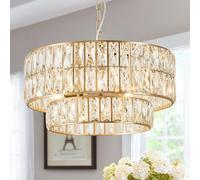 GWJKG Black Crystal Chandelier 6-Lights Crystal Pendant Light Large 18 Inches Drum Semi Flush Mount Ceiling Lights for Dining Room Living Room Kitchen Closet(Gold Double)