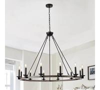 GWJKG Black Farmhouse Wagon Wheel Chandelier Light Fixtures,12-Light 39 inch Rustic Round Hanging Pendant Light,Dimmable Candle Style Chandeliers for Dining Room,Living Room,Foyer,Entryway