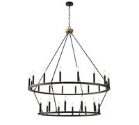 GWJKG Farmhouse Black Wagon Wheel Chandeliers Fixture, 2-Tier 28-Light Industrial 47 inch Candle Style Pendant Light,Rustin Round Hanging Chandeliers for Living Room Dining Room Foyer