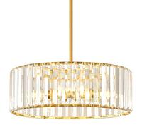 GWJKG Gold Crystal Dining Room, 4-Light Semi Flush Mount Chandelier Fixtures, Round Kitchen Hanging Drum Pendant Lights Ceiling for Bedroom Entryway Foyer, 15 Inch