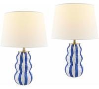 GWJKG Striped Ceramic Table Lamp Set of 2 Linen Shade Bedroom Nightstand and with Suitable for Living Room, Dormitory, Office,(Blue White)