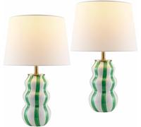 GWJKG Striped Ceramic Table Lamp Set of 2 Linen Shade Bedroom Nightstand and with Suitable for Living Room, Dormitory, Office,(Green White)