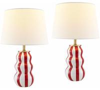 GWJKG Striped Ceramic Table Lamp Set of 2 Linen Shade Bedroom Nightstand and with Suitable for Living Room, Dormitory, Office,(Red White)