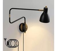 GWJKG Vintage Adjustable Indoor Wall Switch, Rotating Metal Arm Bedside Lamp, Retro Reading Light for Living Room & Bedroom, Black, 1.8m Cord with