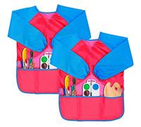 Gwolf Kids Painting Apron 2 Pcs Kids Aprons for Painting, 7-10 years Toddler Painting Apron Waterproof with Sleeves and 3 Pockets, Art Apron for School Art Painting, Cooking, Pink Children's Aprons