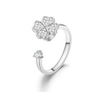 GWSGSFAS Adjustable Rotating Ring Anxiety-Relieving Open Ring Stress-Relieving Zircon Ring for Women-Silver Four-Leaf Clover