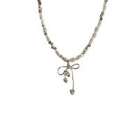GWSGSFAS Bow Heart Zircon Pendant Pearl Broken Silver Necklace for Women, Retro Versatile Clavicle Chain (Necklace)