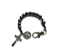 GWSGSFAS Hematite Beads Pocket Car Rosary Cross Saint Benedict Bracelets Religious Jewelry-Black