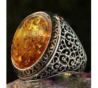 GWSGSFAS Jewelry Retro Natural Emerald Old Silver Carved Totem Men's Ring-amber-10