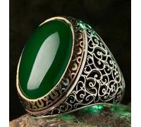 GWSGSFAS Jewelry Retro Natural Emerald Old Silver Carved Totem Men's Ring-green-13
