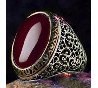 GWSGSFAS Jewelry Retro Natural Emerald Old Silver Carved Totem Men's Ring-red-13