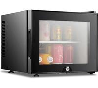 GWWBD Mini Fridge, 20L Glass Door, Stainless Steel, Low Noise, Energy Saving, Lock, Compact, 28-50°F Adjustable Thermostat, 26 Can Capacity, Ideal for Hotel Rooms, Dormitory