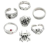 GXAHSOL Gothic Silver Ring Set, 7 Pieces, Men's Gothic Skull Rings, Spider Skull Snake Design, Wild Alondra Open Punk Ring Gift Cool Rings for Men Women