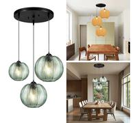 GXF 3 in 1 Green Cluster Pendant Light Fixtures, E26 E27 Large Glass Chandelier Mid Century Modern Chandelier Ribbed Blown Glass Globe Shade Hanging Light Ceiling Light for Living Room Restaurant Bar