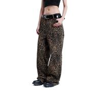 GXFCAI Leopard Print Jeans Retro Fashion Leopard Jeans for Women High Waist Cheetah Pants Straight Leg Unisex Sizing